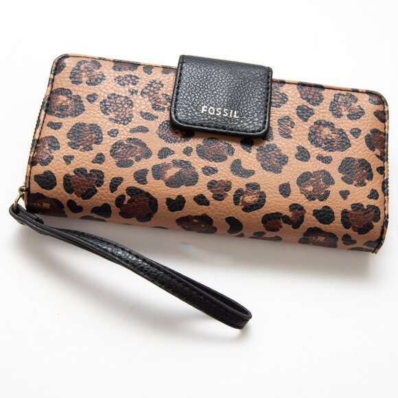 Fossil Handbags - Fossil Zip Clutch Continental Wallet Leopard Pebbled Brown Black